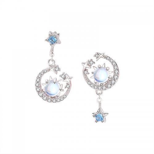 Cubic Zirconia Micro Pave Sterling Silver Earring, 925 Sterling Silver, with Moonstone, plated, micro pave cubic zirconia & for woman, platinum color, 9.05x17.78mm, Sold By Pair