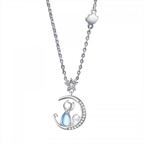 Cubic Zircon Micro Pave 925 Sterling Silver Necklace with Moonstone with 5CM extender chain plated micro pave cubic zirconia & for woman platinum color Length Approx 40 cm Sold By PC