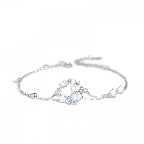 925 Sterling Silver Bangle Bracelet with Moonstone with 4CM extender chain plated micro pave cubic zirconia & for woman platinum color Length Approx 15.5 cm Sold By PC