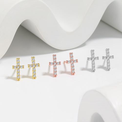 Brass Stud Earring, Cross, plated, fashion jewelry & micro pave cubic zirconia & for woman, more colors for choice, nickel, lead & cadmium free, 9.50x5.20mm, Sold By Pair
