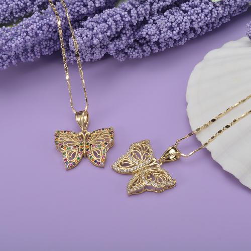Cubic Zircon Micro Pave Brass Necklace Butterfly gold color plated & micro pave cubic zirconia & for woman golden nickel lead & cadmium free Length Approx 45 cm Sold By PC