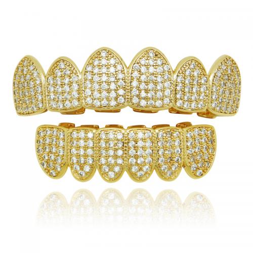 Brass Hip Hop Teeth Grillz, 2 pieces & Unisex & micro pave cubic zirconia, more colors for choice, nickel, lead & cadmium free, upper teeth 50*13mm, inferior teeth 40*11mm, Sold By Set