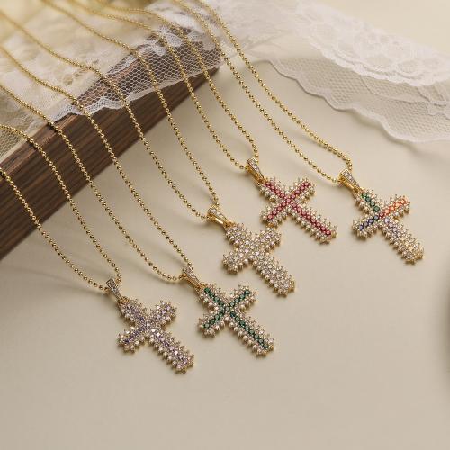Cubic Zircon Micro Pave Brass Necklace, with 5CM extender chain, Cross, gold color plated, micro pave cubic zirconia & for woman, more colors for choice, nickel, lead & cadmium free, 22x40mm, Length:45 cm, Sold By PC