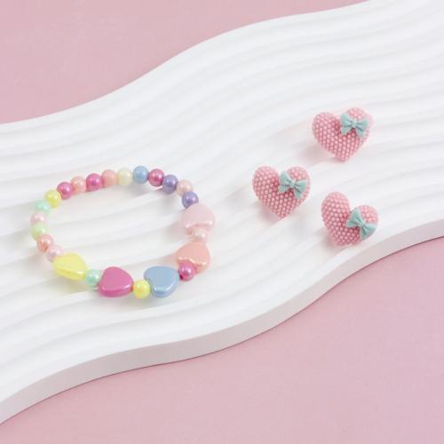 Jewelry Sets, Stud Earring & finger ring & bracelet, Plastic, Heart, handmade, for children, multi-colored, Sold By Set