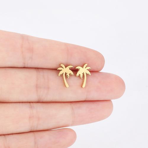 Stainless Steel Stud Earrings, 304 Stainless Steel, Palm Tree, plated, for woman, more colors for choice, 7x11mm, 12Pairs/Bag, Sold By Bag