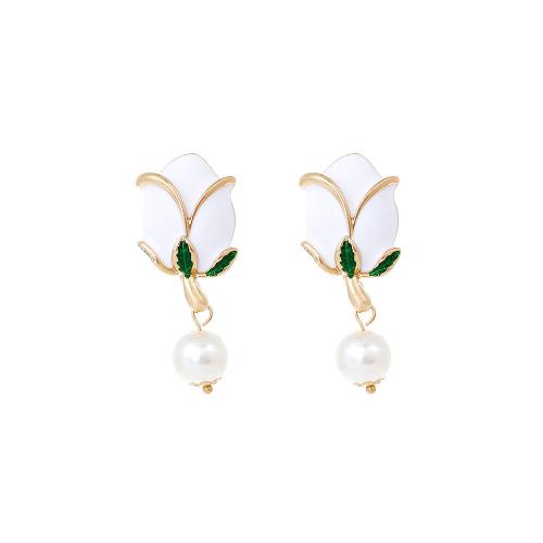 Zinc Alloy Stud Earring with Plastic Pearl Flower fashion jewelry & for woman & enamel nickel lead & cadmium free Sold By Pair