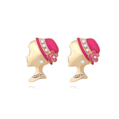 Tibetan Style Stud Earring, with Plastic Pearl, Face, fashion jewelry & for woman & enamel & with rhinestone, more colors for choice, nickel, lead & cadmium free, 31x25mm, Sold By Pair