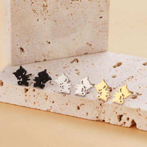Stainless Steel Stud Earrings, 304 Stainless Steel, Cat, Vacuum Ion Plating, fashion jewelry & for woman, more colors for choice, 9x9mm, 12Pairs/Bag, Sold By Bag