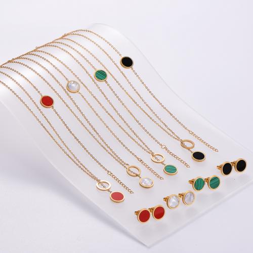 Fashion Stainless Steel Jewelry Sets, Stud Earring & bracelet & necklace, 316L Stainless Steel, with Shell, three pieces & fashion jewelry & for woman, more colors for choice, Length:Approx 18 cm, Approx 45 cm, 6Bags/Set, Sold By Set