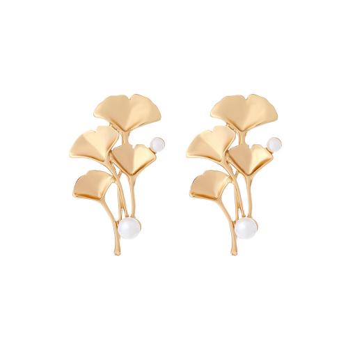 Tibetan Style Stud Earring, with Plastic Pearl, Leaf, different materials for choice & for woman, golden, nickel, lead & cadmium free, 55x33mm, Sold By Pair