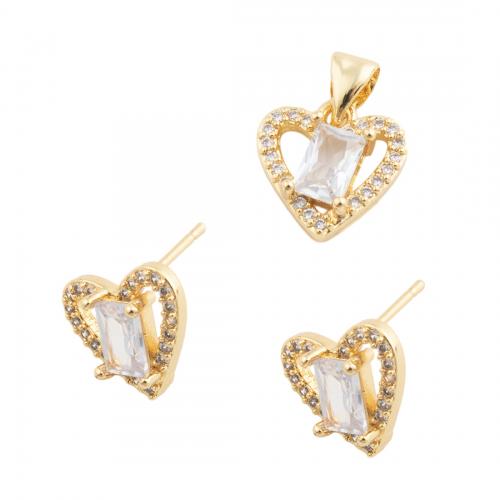 Brass Jewelry Set Heart & micro pave cubic zirconia & for woman golden nickel lead & cadmium free pendant 12.5*12mm stud earring 10.5*11.5mm Sold By PC