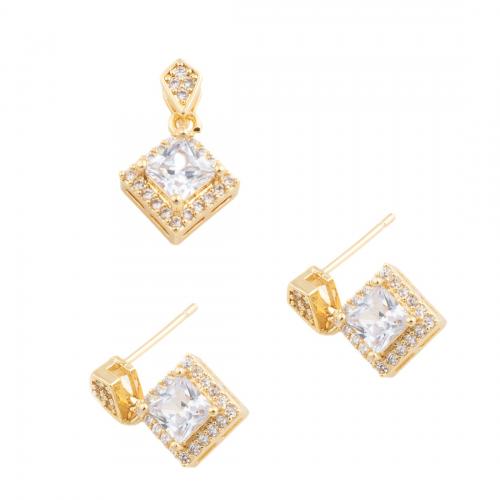 Brass Jewelry Set & micro pave cubic zirconia & for woman golden nickel lead & cadmium free pendant 15.5*11.5mm stud earring 17.5*11mm Sold By PC