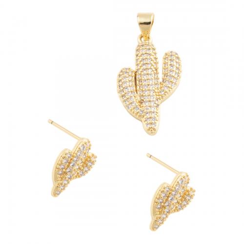Brass Jewelry Set Opuntia Stricta & micro pave cubic zirconia & for woman golden nickel lead & cadmium free pendant 24*14.5mm stud earring 13.5*8.5mm Sold By PC