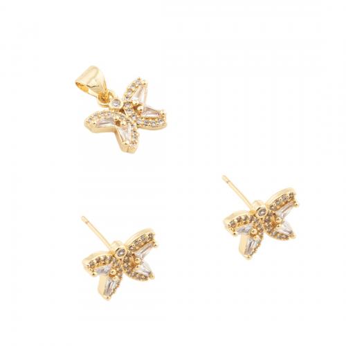 Brass Jewelry Set Butterfly & micro pave cubic zirconia & for woman golden nickel lead & cadmium free pendant 11*12mm stud earring 9*12mm Sold By PC