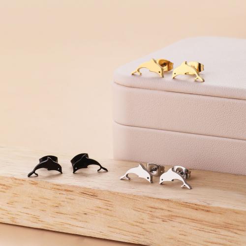 Stainless Steel Stud Earrings, 304 Stainless Steel, Dolphin, plated, for woman, more colors for choice, 11x7mm, 12Pairs/Bag, Sold By Bag
