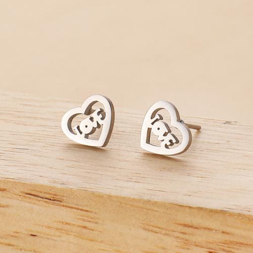 Stainless Steel Stud Earrings, 304 Stainless Steel, Heart, plated, for woman, more colors for choice, 9x8mm, 12Pairs/Bag, Sold By Bag