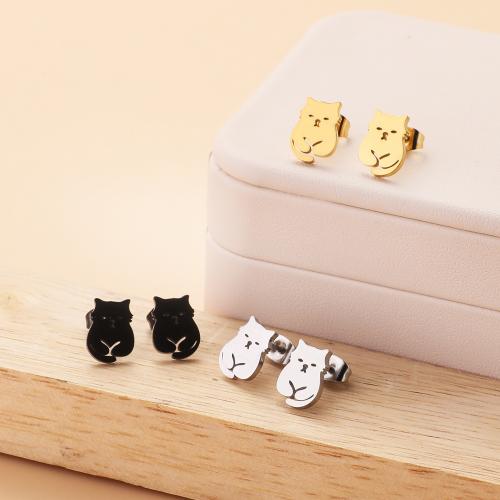 Stainless Steel Stud Earrings, 304 Stainless Steel, Cat, plated, for woman, more colors for choice, 8x11mm, 12Pairs/Bag, Sold By Bag