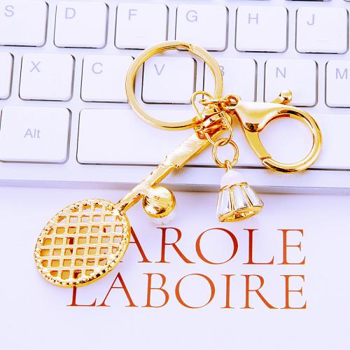 Tibetan Style Key Clasp, Badminton Racket, plated, fashion jewelry & with rhinestone, golden, nickel, lead & cadmium free, 135x25x80mm, Sold By PC