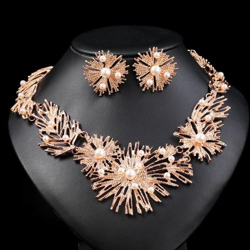 Tibetan Style Jewelry Sets, Stud Earring & necklace, with ABS Plastic Pearl, Snowflake, plated, 2 pieces & fashion jewelry, golden, nickel, lead & cadmium free, Sold By Set