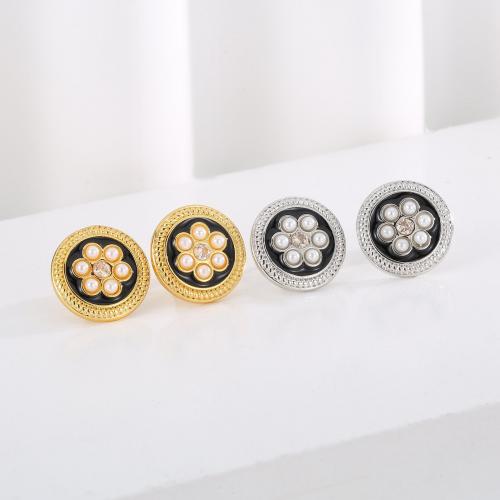 Brass Stud Earring with Plastic Pearl & enamel Round plated fashion jewelry & for woman & with rhinestone nickel lead & cadmium free Sold By Pair