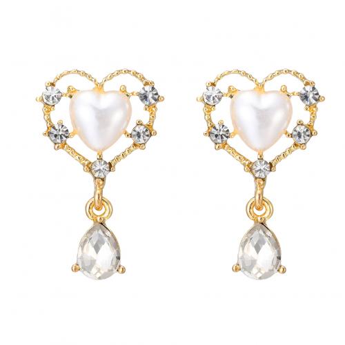 Tibetan Style Stud Earring, with Plastic Pearl, Heart, fashion jewelry & for woman & with rhinestone, gold, nickel, lead & cadmium free, 32x20mm, Sold By Pair