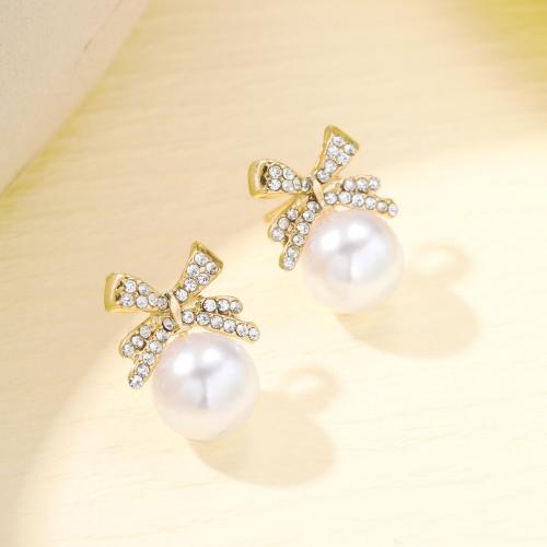 Tibetan Style Stud Earring, with Crystal & Plastic Pearl, Bowknot, gold color plated, fashion jewelry & for woman, nickel, lead & cadmium free, 24mm, Sold By Pair