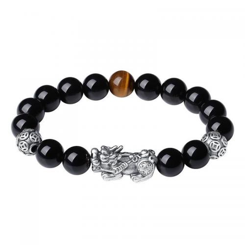 Bracelets en laiton, avec Obsidienne & pierre du soleil & oeil de tigre, Placage, unisexe & styles différents pour le choix, noire, Vendu par PC