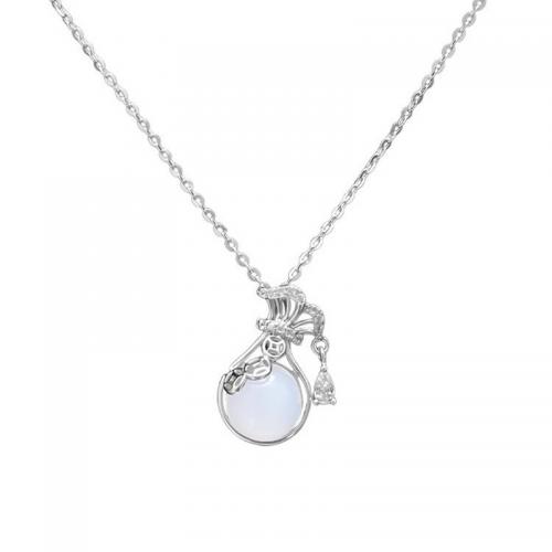 Cubic Zircon Micro Pave 925 Sterling Silver Necklace with White Chalcedony with 5CM extender chain Bowknot plated micro pave cubic zirconia & for woman platinum color Length Approx 40 cm Sold By PC
