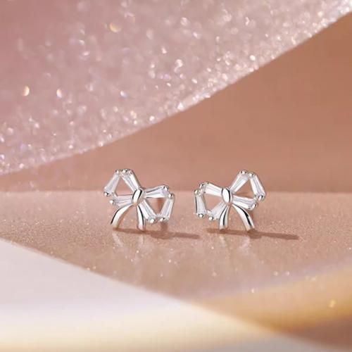 Cubic Zirconia Micro Pave Sterling Silver Earring 925 Sterling Silver Bowknot plated micro pave cubic zirconia & for woman platinum color Sold By Pair