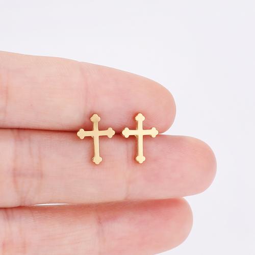 Stainless Steel Stud Earrings, 304 Stainless Steel, Cross, plated, for woman, more colors for choice, 10x8mm, 12PCs/Bag, Sold By Bag