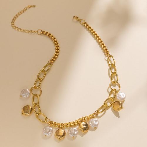 Zinklegierung Schmuck Halskette, mit Kunststoff Perlen, mit Verlängerungskettchen von 2.76 Inch, plattiert, Modeschmuck & für Frau, Goldfarbe, frei von Nickel, Blei & Kadmium, Länge:ca. 14.17 ZollInch, verkauft von PC