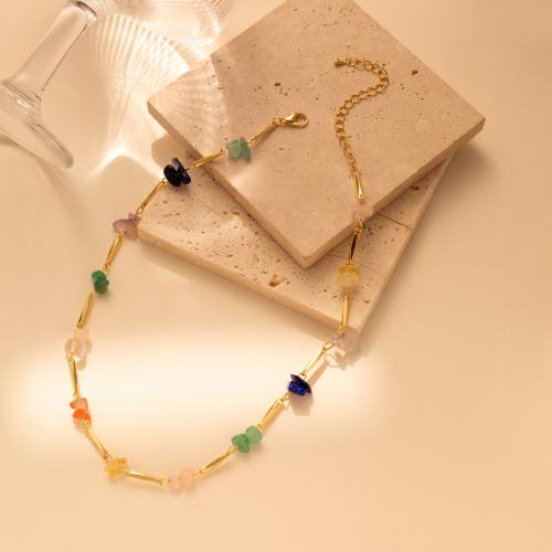 Natural Gemstone Necklace, Brass, with Natural Stone, with 2.76 Inch extender chain, plated, fashion jewelry & for woman, multi-colored, nickel, lead & cadmium free, Length:Approx 14.57 Inch, Sold By PC