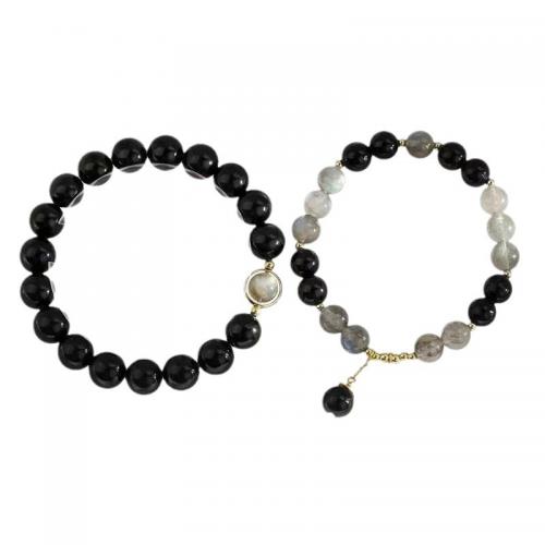 Bracelets de pierres précieuses, alliage de zinc, avec Moonstone & Obsidienne, fait à la main, unisexe & styles différents pour le choix, plus de couleurs à choisir, Vendu par PC
