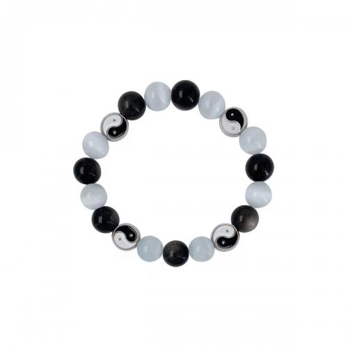 Gemstone Bracelets Zinc Alloy with Obsidian & Elastic Thread & Cats Eye & Lampwork plated Unisex & enamel Length Approx 18 cm Sold By PC
