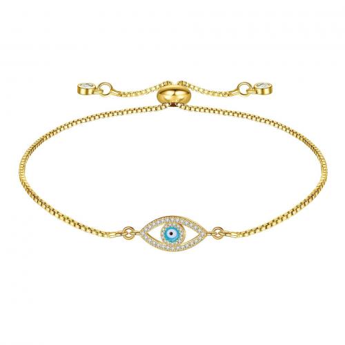 Evil Eye Jewelry Bracelet, 304 Stainless Steel, 18K gold plated, Adjustable & micro pave cubic zirconia & for woman & enamel, golden, Sold Per Approx 30 cm Strand