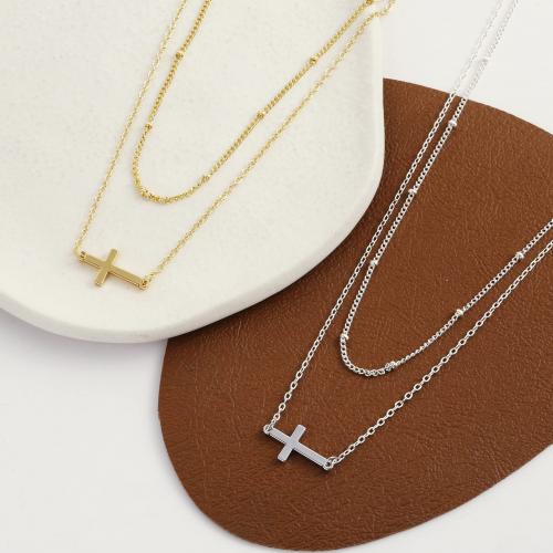Edelstahl Schmuck Halskette, 304 Edelstahl, Kreuz, Doppelschicht & Modeschmuck & für Frau, keine, verkauft per ca. 45 cm Strang