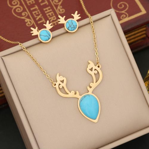 304 Stainless Steel Jewelry Set, with turquoise, Antlers, gold color plated, oval chain & different styles for choice & for woman, Sold By PC