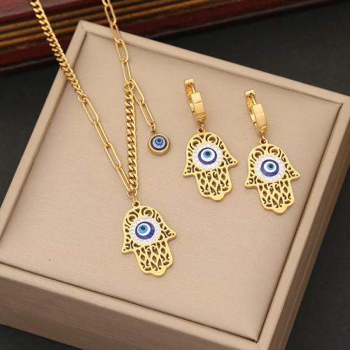 304 Stainless Steel Jewelry Set Evil Eye Hamsa gold color plated & for woman & enamel & with rhinestone Sold By PC