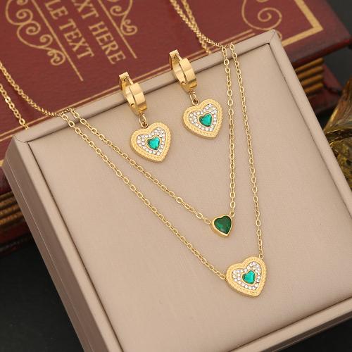 304 Stainless Steel Jewelry Set, Heart, gold color plated, oval chain & different styles for choice & for woman & with rhinestone, Sold By PC