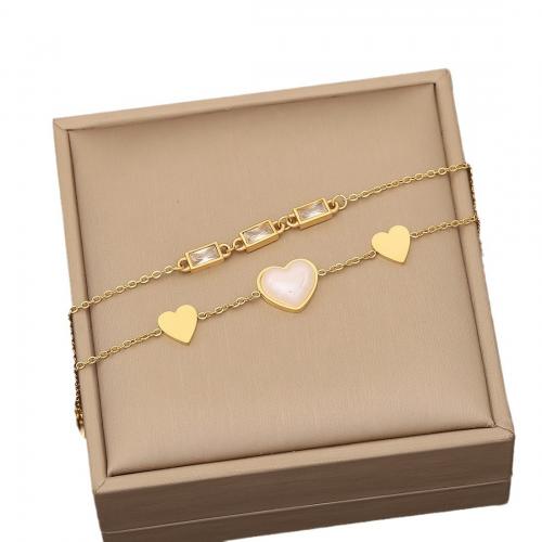 304 Stainless Steel Jewelry Set, with Plastic Pearl, Heart, gold color plated, Double Layer & different styles for choice & for woman & with rhinestone, Sold By PC