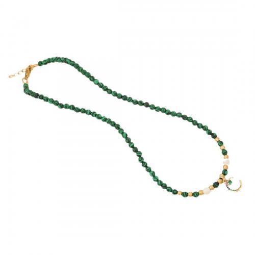 304 Stainless Steel Necklace with Natural Gravel & Malachite & Brass with 2inch extender chain gold color plated & for woman & with rhinestone Length Approx 15.7 Inch Sold By PC
