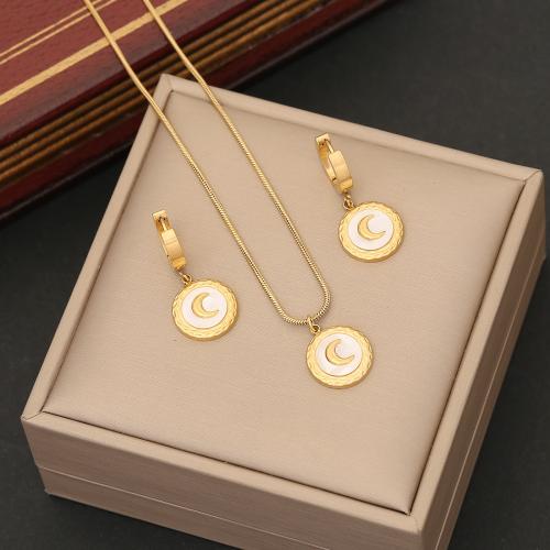 304 Stainless Steel Jewelry Set, earring & necklace, with 2inch extender chain, Flat Round, gold color plated, 2 pieces & snake chain & for woman & enamel, more colors for choice, Length:Approx 15.7 Inch, Sold By Set