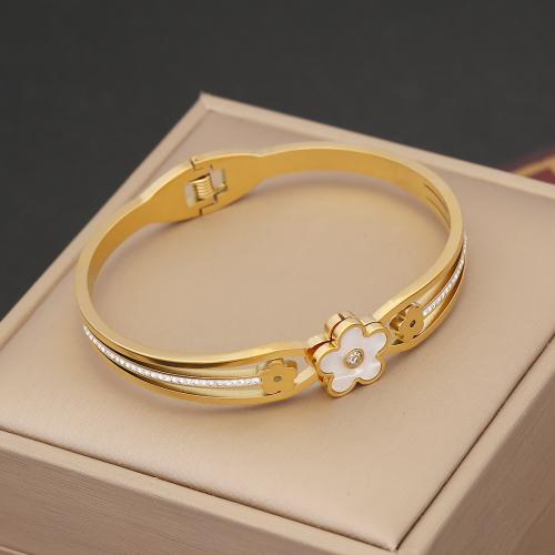 304 Stainless Steel Bangle, with White Shell, gold color plated, different styles for choice & for woman & with rhinestone, Inner Diameter:Approx 60x50mm, Sold By PC