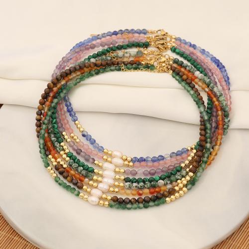 Gemstone Necklace, with Plastic Pearl & Brass & 304 Stainless Steel, with 2inch extender chain, gold color plated, different materials for choice & for woman, Length:Approx 15.7 Inch, Sold By PC