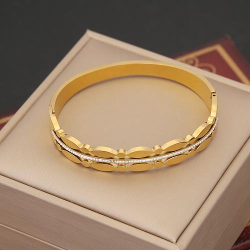Acier inoxydable 304 bracelet ordinaire, Placage de couleur d'or, styles différents pour le choix & pour femme & avec strass, Diamètre intérieur:Environ 60x50mm, Vendu par PC