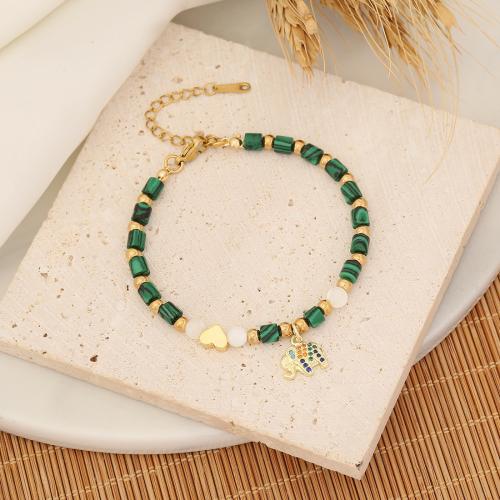 304 Stainless Steel Bracelet, with Natural Gravel & Malachite & Brass, with 2inch extender chain, gold color plated, different styles for choice & for woman & with rhinestone, Length:Approx 7 Inch, Sold By PC