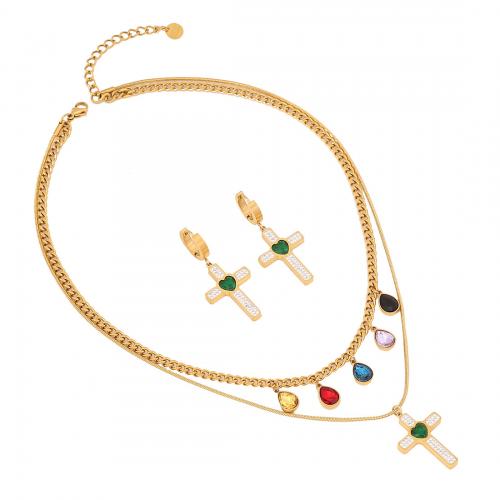 304 Stainless Steel Jewelry Set with Glass Rhinestone Cross gold color plated & for woman Sold By PC
