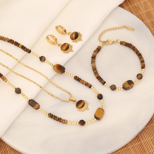 304 Stainless Steel Jewelry Set with Tiger Eye & Brass gold color plated & for woman Sold By PC