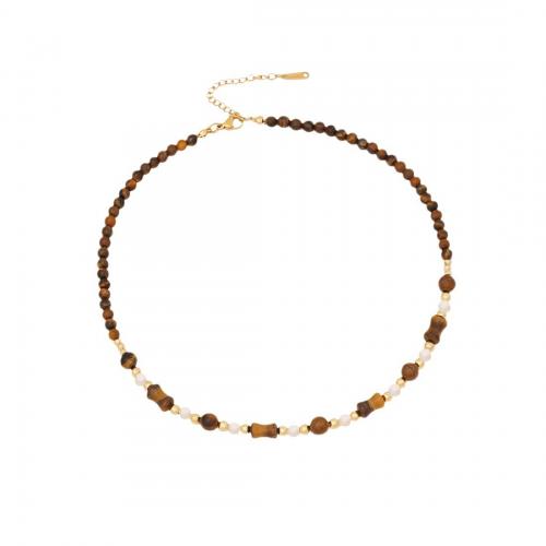 Tiger Eye Necklace, with Shell & 304 Stainless Steel, with 2inch extender chain, gold color plated, different styles for choice & for woman, Length:Approx 15.7 Inch, Sold By PC