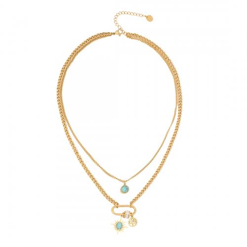 304 Stainless Steel Necklace with turquoise gold color plated Double Layer & for woman & with rhinestone Length Approx 15.7 Inch Approx 18.1 Inch Sold By PC